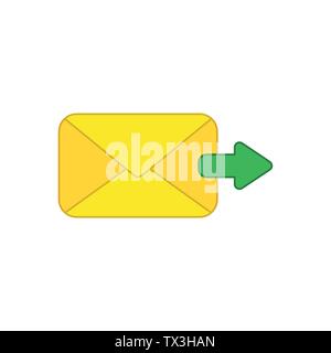 Vector icon concept of send message or email with envelope and green arrow moving right. Colored outlines. Stock Vector