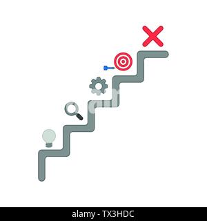Vector icon concept of stairs with grey light bulb, magnifying glass, gear, bulls eye with dart in the side and red x mark. Colored outlines. Stock Vector