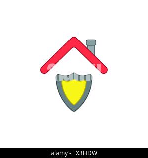Vector icon concept of guard shield under red roof. Colored outlines. Stock Vector