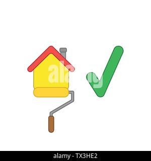 Vector icon concept of yellow roller paint brush painting house with green check mark. Colored outlines. Stock Vector