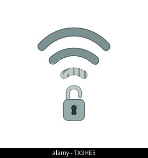 Vector icon concept of wifi wireless symbol with opened padlock. Colored outlines. Stock Vector