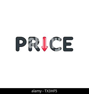 Vector icon concept of price word with red arrow moving down. Colored outlines. Stock Vector