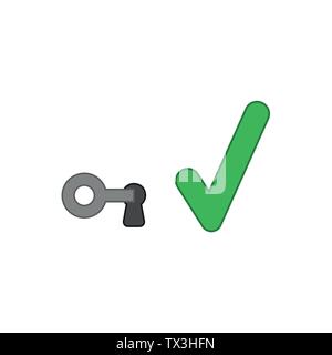 Vector icon concept of key in keyhole with green check mark. Colored outlines. Stock Vector