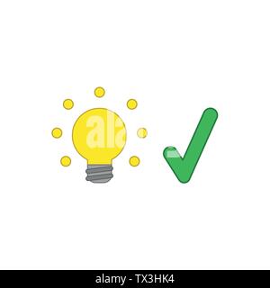 Vector icon concept of glowing yellow light bulb with green check mark. Colored outlines. Stock Vector