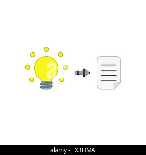 Vector icon concept of yellow glowing light bulb and written paper. Colored outlines. Stock Vector