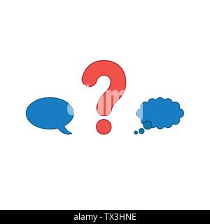 Vector icon concept of red question mark between blue speech bubble and thought bubble. Colored outlines. Stock Vector