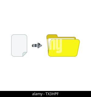 Vector icon concept of blank paper into yellow open folder. Colored outlines. Stock Vector