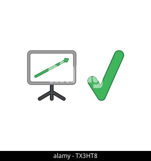 Vector icon concept of sales chart with green arrow moving up and green check mark. Colored outlines. Stock Vector