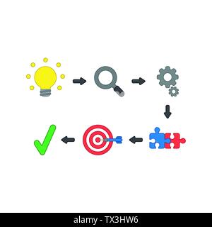 Vector icon concept of success with glowing light bulb idea, magnifying glass, gears, connected jigsaw puzzle pieces, bulls eye and dart in the center Stock Vector