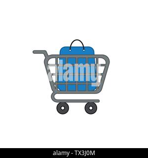 Vector icon concept of blue shopping bag inside grey shopping cart. Colored outlines. Stock Vector