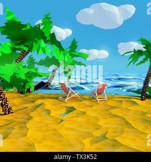 Beach with two lounge chairs and palm trees by the sea Stock Photo