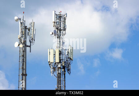 Cellular Base Station or Base Transceiver Station. Telecommunication tower. Wireless Communication Antenna Transmitter. 3G, 4G and 5G Cell Site with c Stock Photo