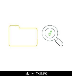 Vector icon concept of yellow closed folder and magnifying glass with green check mark. White background and colored. Stock Vector