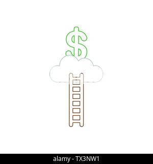 Vector icon concept of reach green dollar symbol on cloud with wooden ladder. White background and colored. Stock Vector