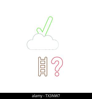 Vector icon concept of reach green check mark on cloud with short wooden ladder with red question mark. White background and colored. Stock Vector