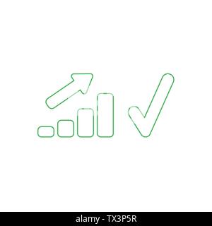 Vector icon concept of green sales bar chart moving up with green check mark. White background and colored. Stock Vector