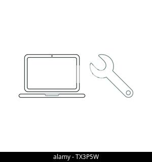 Vector icon concept of repair black laptop computer with grey spanner. White background and colored. Stock Vector