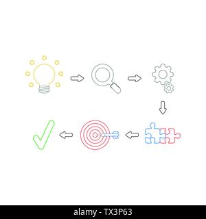 Vector icon concept of success with glowing light bulb idea, magnifying glass, gears, connected jigsaw puzzle pieces, bulls eye and dart in the center Stock Vector