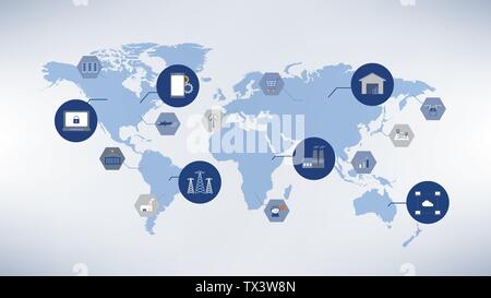 Global business concept with industrial and technology icons connection vector illustration Stock Vector