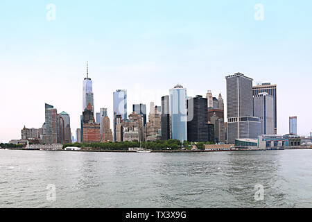 Stunning skyline vista of New York from the Staten Island Ferry with the One World Observatory dominating the view, New York City, New York, USA Stock Photo