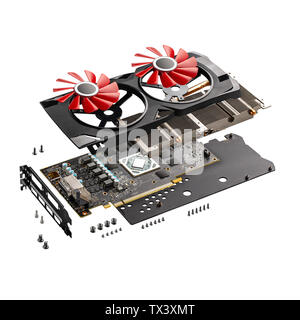 Explode view of new modern gaming graphics card on white background Stock Photo