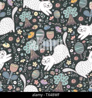 Cute cat in the forest seamless pattern. Funny summer background. Vector illustration Stock Vector