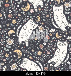 Adorable seamless pattern with a cute cat sleeping in the plants. Good night background. Vector illustration Stock Vector