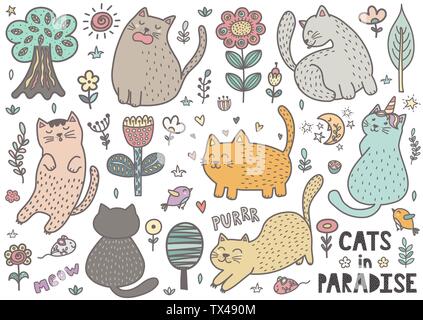 Cute hand drawn doodle cats. Funny kittens collection. Vector illustration Stock Vector