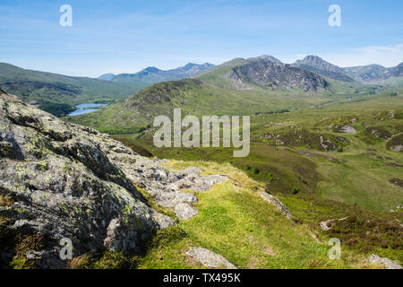 View from Crimpiau mountain top to Ogwen Valley and Snowdon horseshoe in Snowdonia National Park. Capel Curig, Conwy, north Wales, UK, Britain Stock Photo