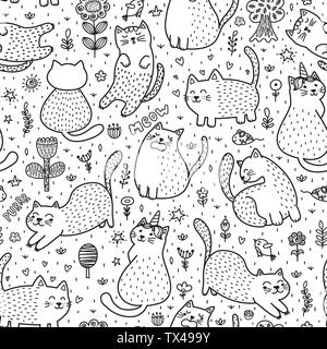Cute cats in the summer seamless pattern. Black and white doodle background. Great for coloring book. Vector illustration Stock Vector