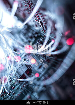 Fibre optics carrying data to computer hardware Stock Photo