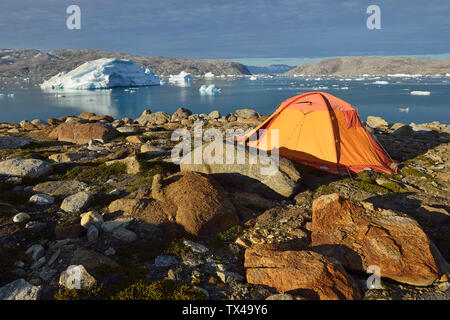 Greenland, East Greenland, Sermilik Fjord, Johan Petersens Fjord, tent Stock Photo