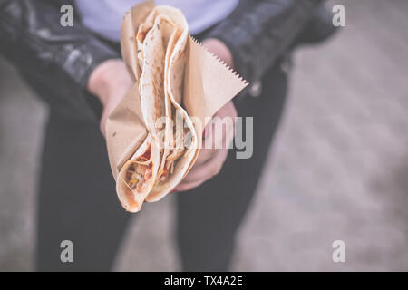 Street food, Quesadilla with pulled chicken, cheese and salsa Stock Photo