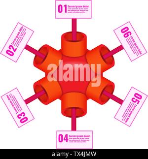 Business infographic template design with 6 elements in 6 steps. Pipes and spheres shapes. Vector illustration. Stock Vector