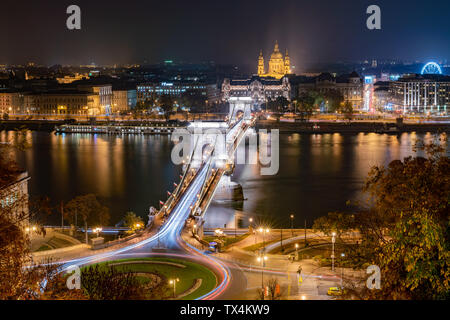 Night aerial view of the famous Széchenyi Chain Bridge with Four Seasons Hotel Gresham Palace at Budapest, Hungary Stock Photo