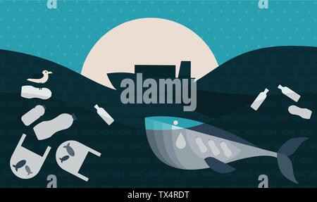 Vector Illustration. Poster with Ecological Theme: Plastic Pollution in the Ocean. The Whale with Plastic Bottles in Stomach, The Seabird sitting on F Stock Vector