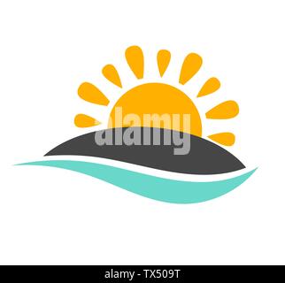 Sun setting over island and sea wave icon. Vector illustration Stock Vector