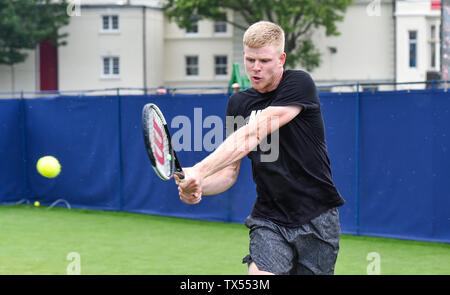 Eastbourne UK 24th June 2019 -   Kyle Edmund of Great Britain practices on an outside court at the Nature Valley International tennis tournament held at Devonshire Park in Eastbourne . Credit : Simon Dack / TPI / Alamy Live News Stock Photo