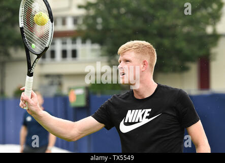 Eastbourne UK 24th June 2019 -   Kyle Edmund of Great Britain practices on an outside court at the Nature Valley International tennis tournament held at Devonshire Park in Eastbourne . Credit : Simon Dack / TPI / Alamy Live News Stock Photo