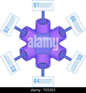 Business infographic template design with 6 elements in 6 steps. Pipes and spheres shapes. Vector illustration. Stock Vector