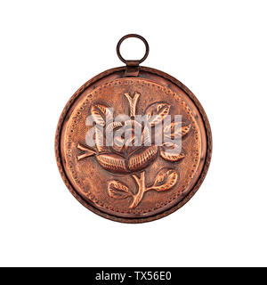 Vintage copper baking dish with rose flower pattern isolated top view Stock Photo