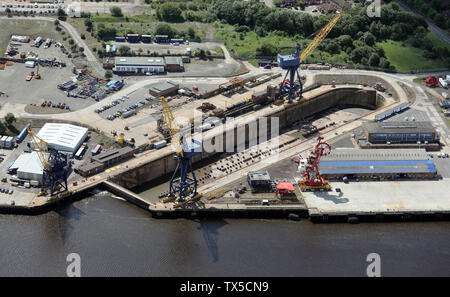 aerial view of a large dry dock for shipbuilding & ship repairs at Hebburn on the River Tyne near Jarrow