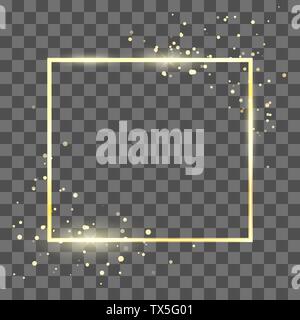 Golden frame template with glitter effect for banner and poster. Gold square shape border.  Vector illustration isolated on transparent background Stock Vector