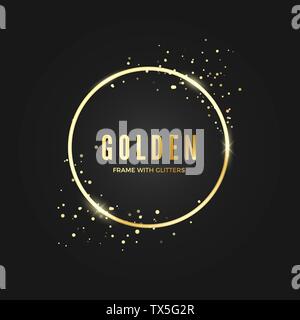Golden Circle Frame template with glitter effect for banner and poster. Gold frame with space for text.  Vector illustration isolated on dark backgrou Stock Vector