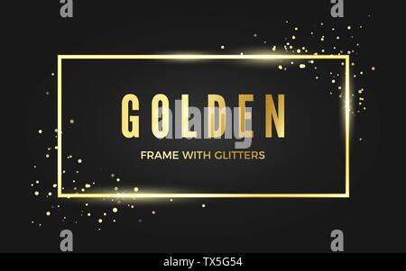 Golden banner frame with shiny sparcles. Gold frame with space for text. Vector illustration isolated on dark background Stock Vector