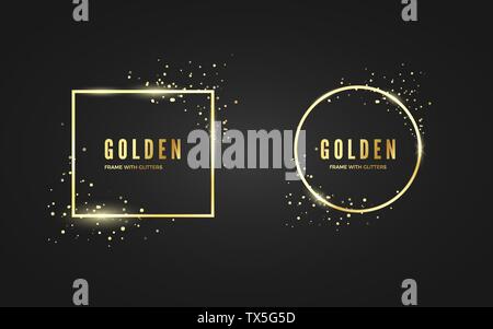 Abstract Golden Frame with glitter and sparcle effect for banner and poster. Gold square ans circle shape frames.  Vector illustration isolated on bla Stock Vector