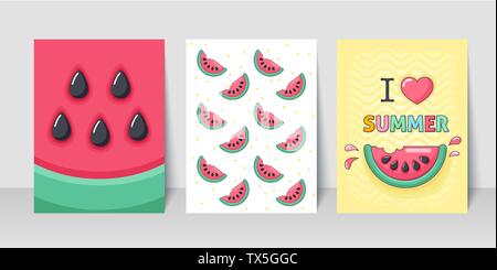 Summer flyer card with slice watermelon. I love summer. Journal cards. Vector illustrations for t-shirt, poster prints. Holiday, travel, vacation them Stock Vector