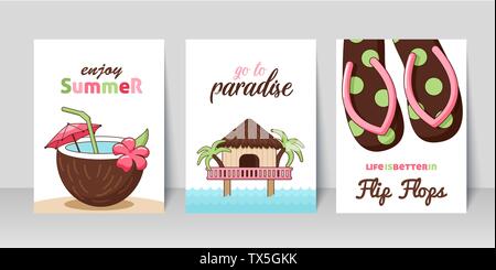 Vector set of bright summer cards. Beautiful summer posters with coconut beach cocktail, tropical island with palm tree and flip flops. Journal cards. Stock Vector