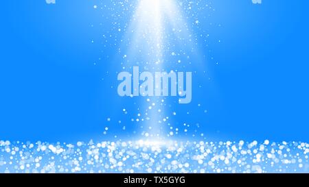 Winter snowfall with blurred elements. Festive vibrant background with snow and shiny rays. Vector illustration isolated on blue background Stock Vector