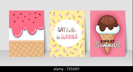 Summer flyer card with ice cream. Say hello to summer. Journal cards. Vector illustrations for t-shirt, poster prints. Holiday, travel, vacation theme Stock Vector